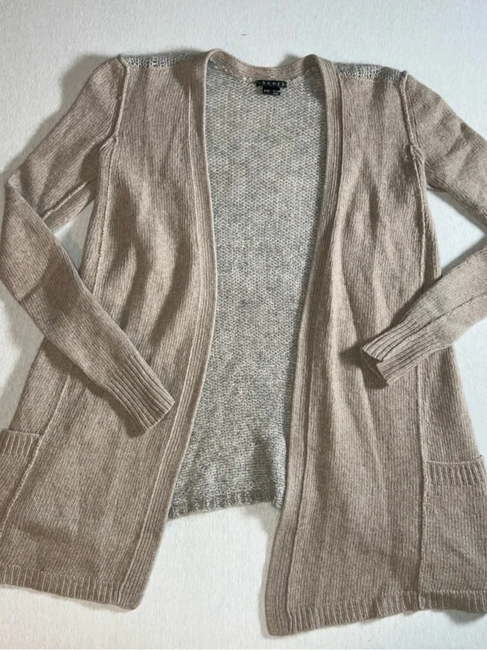 Theory Beige Open-Front Longline Cardigan